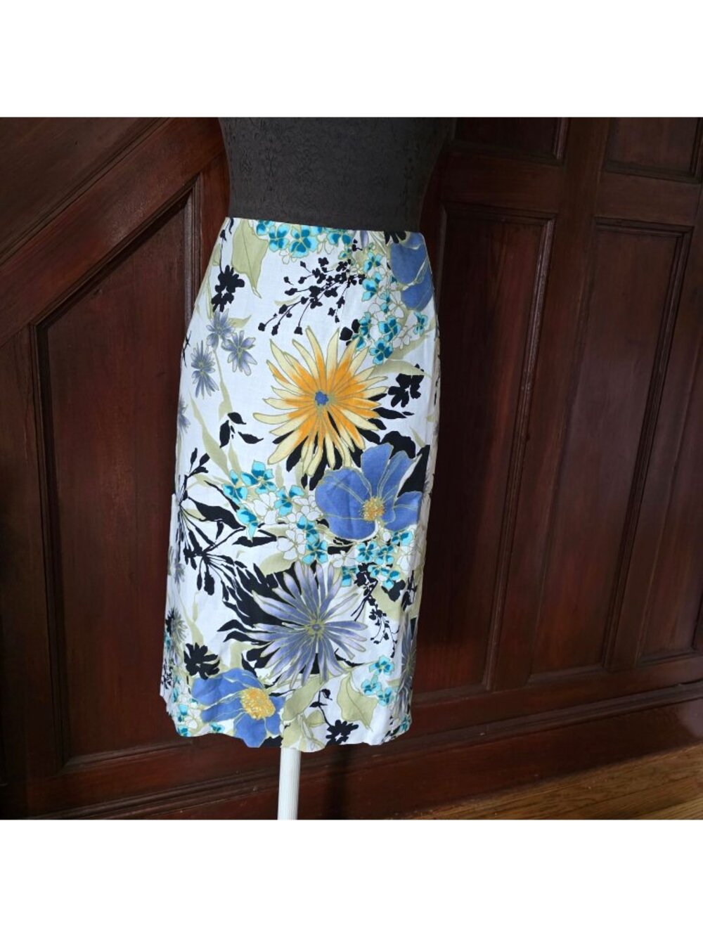Talbots Floral Linen Blend Pencil Skirt White Blue Yellow Size 18
